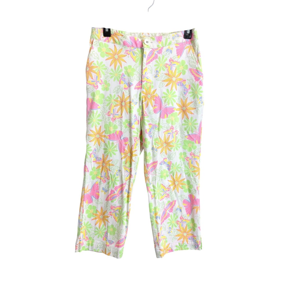Vntg Sag Harbor Sport Petite Textured Butterfly Floral Crop Pants White Multi 6P